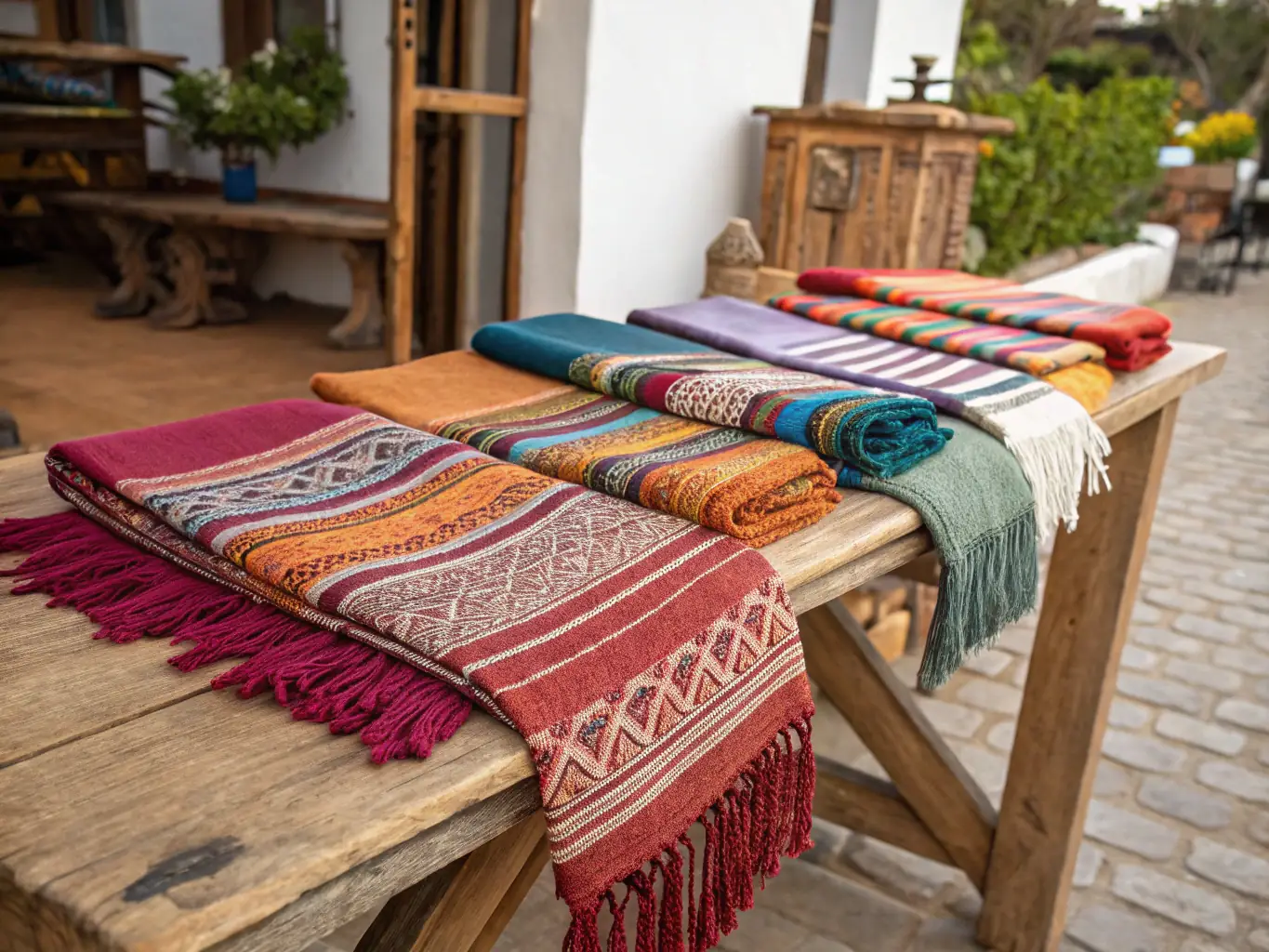 A display of heritage-inspired items such as embroidered shirts, traditional patterns on home decor, and cultural accessories, representing the Heritage-Inspired Merchandise.